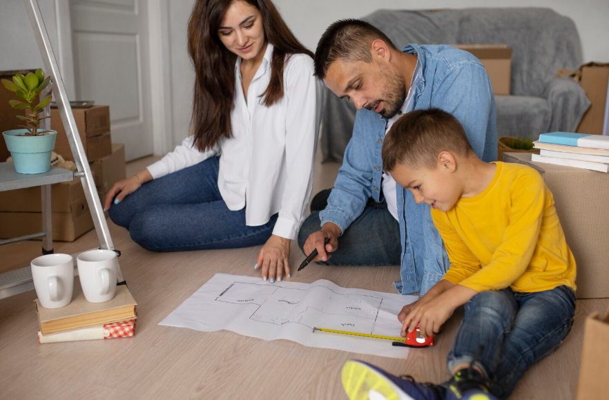 Family planning temporary living during renovations while reviewing home floor plans