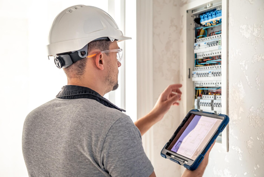 Electrical panel upgrade inspection by licensed electrician reviewing breakers and capacity.